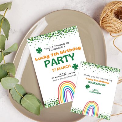 Lucky St. Patrick's Day Birthday Invitation, Rainbow Shamrock Party (Digital Download)