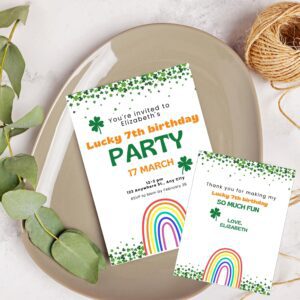 Lucky St. Patrick's Day Birthday Invitation, Rainbow Shamrock Party (Digital Download)