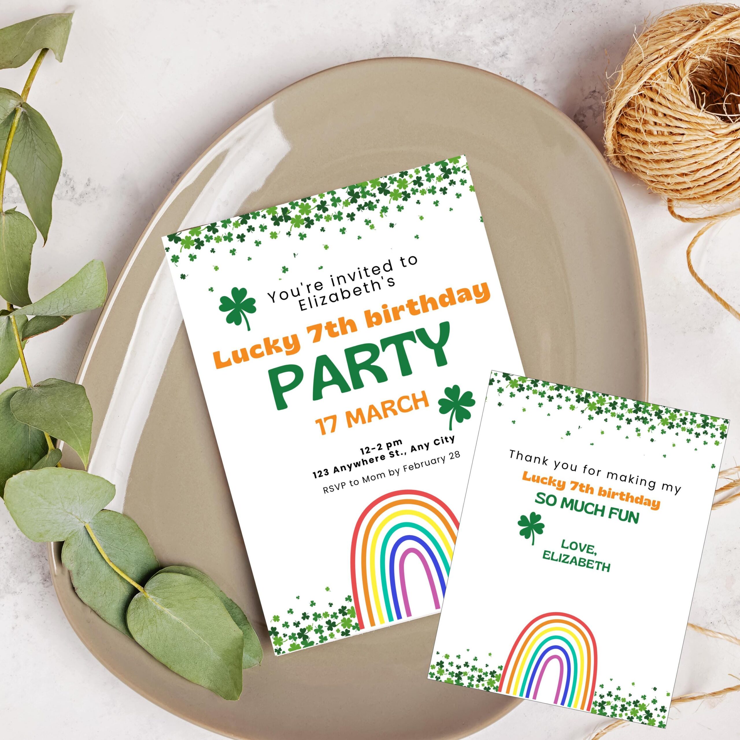 Lucky St. Patrick's Day Birthday Invitation, Rainbow Shamrock Party (Digital Download)