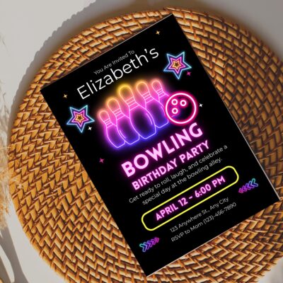 Neon Bowling Birthday Invitation Template, Glow Bowling Party Invite (Digital Download)