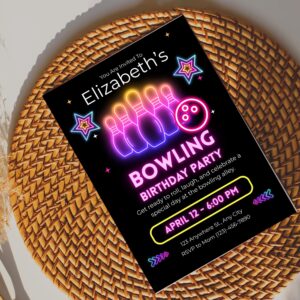 Neon Bowling Birthday Invitation Template, Glow Bowling Party Invite (Digital Download)
