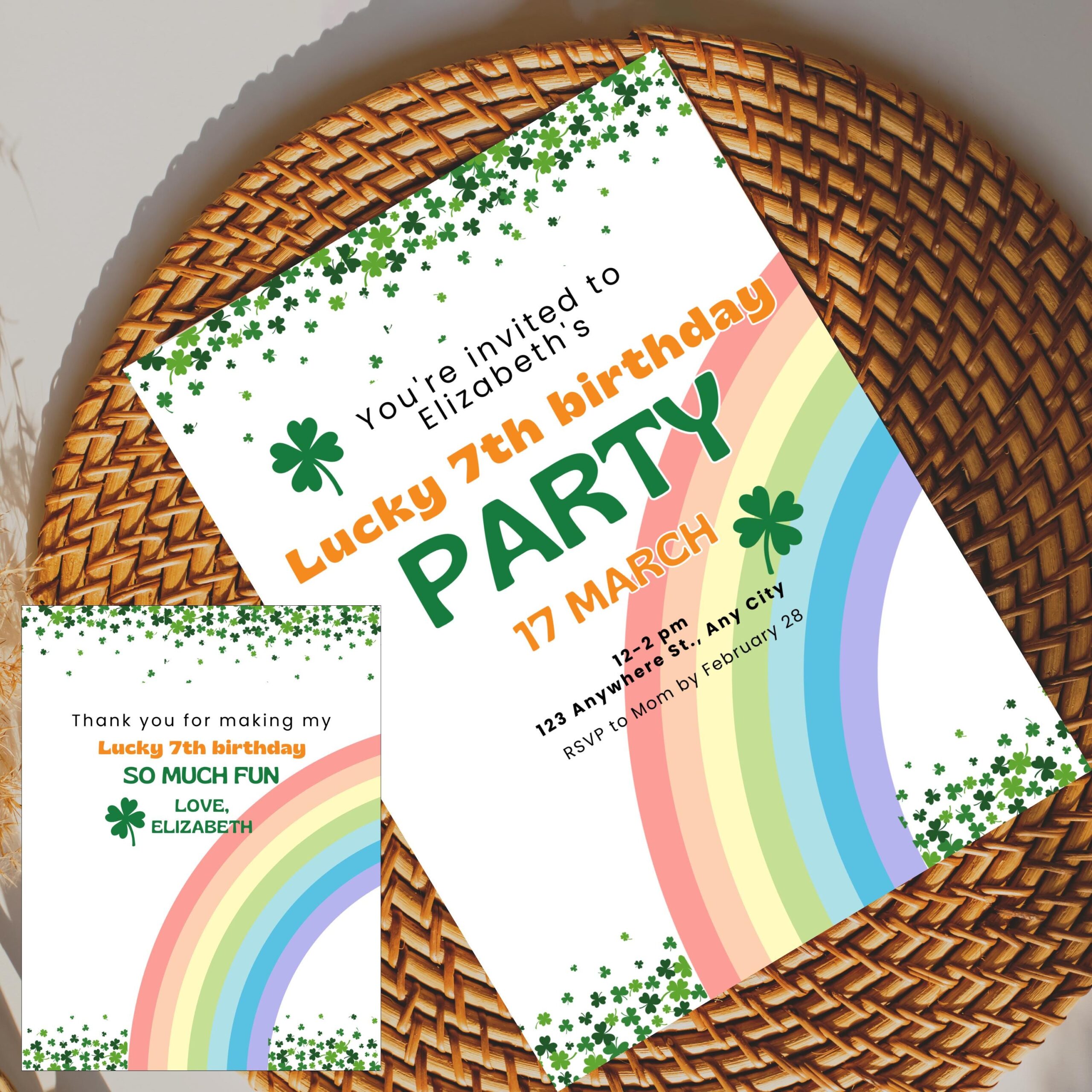 Lucky St. Patrick's Day Birthday Invitation, Rainbow Shamrock Party (Digital Download) - Image 2