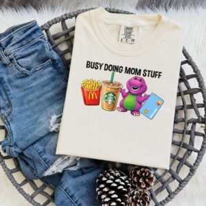 Busy Doing Mom Stuff Toddler Mom Shirt – Dinosaur, Coffee, Fries Graphic Tee