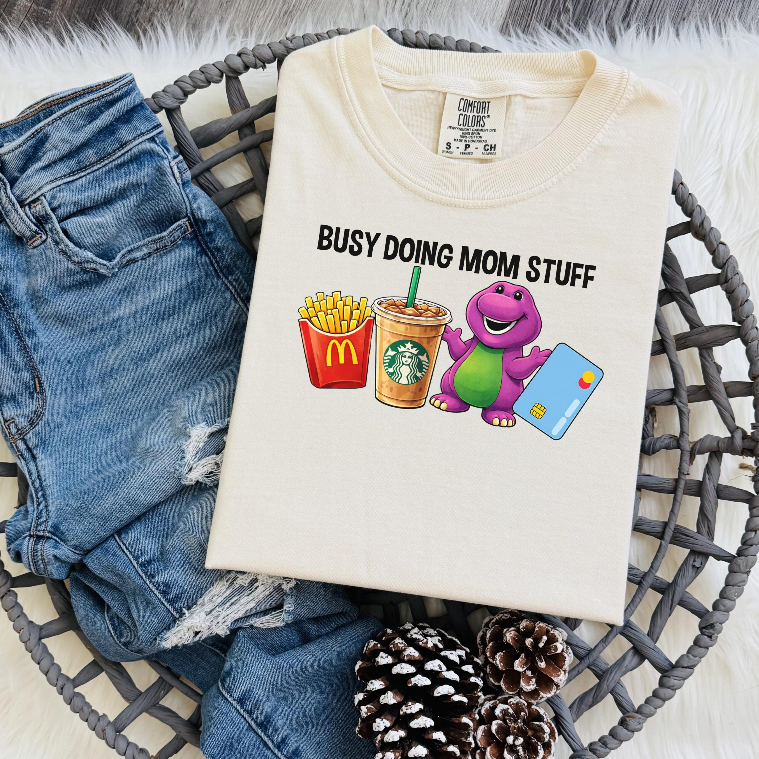 Busy Doing Mom Stuff Toddler Mom Shirt – Dinosaur, Coffee, Fries Graphic Tee