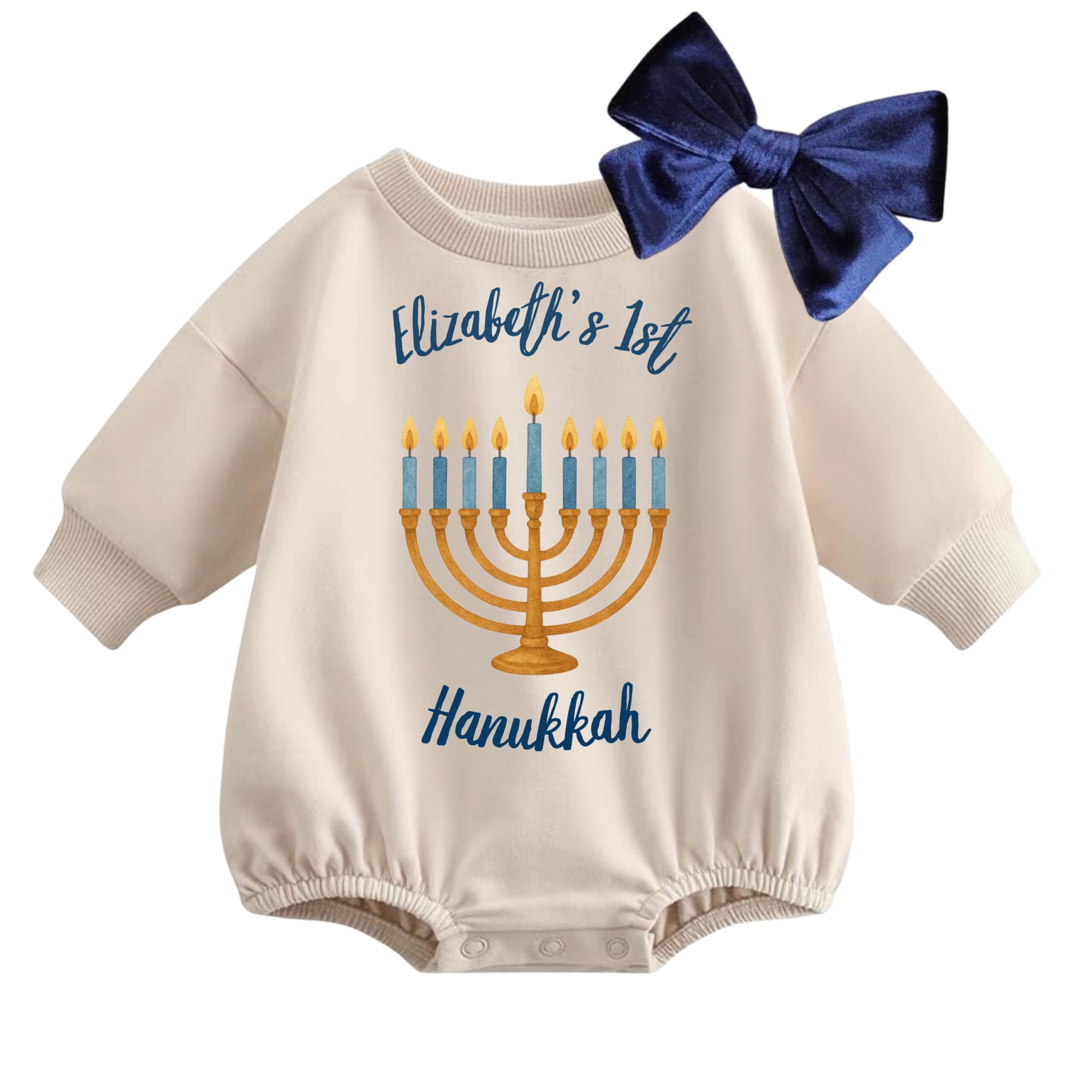 Personalized Baby's 1st Hanukkah Romper with Navy Bow