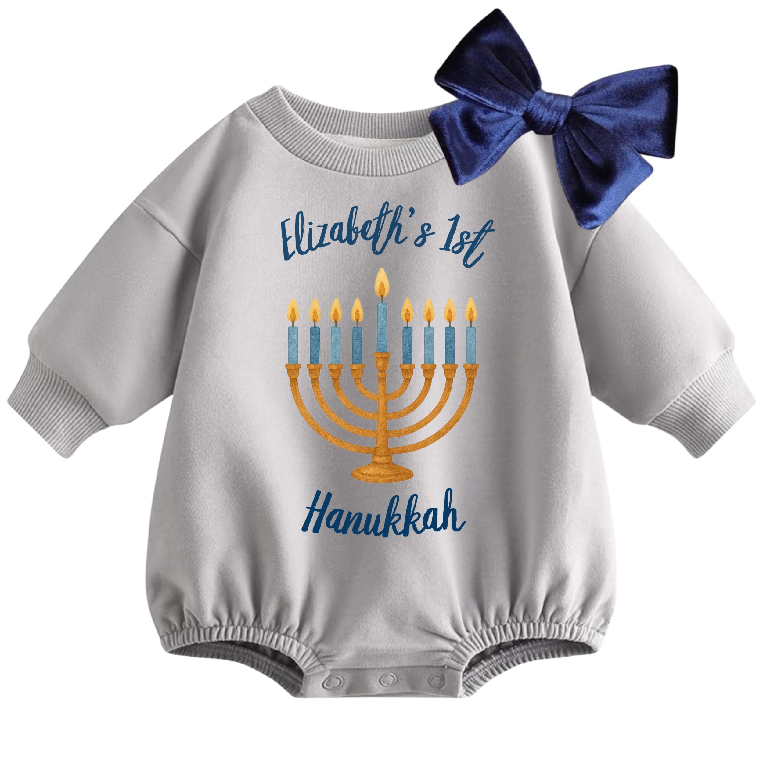 Personalized Baby's 1st Hanukkah Romper with Navy Bow - Image 3