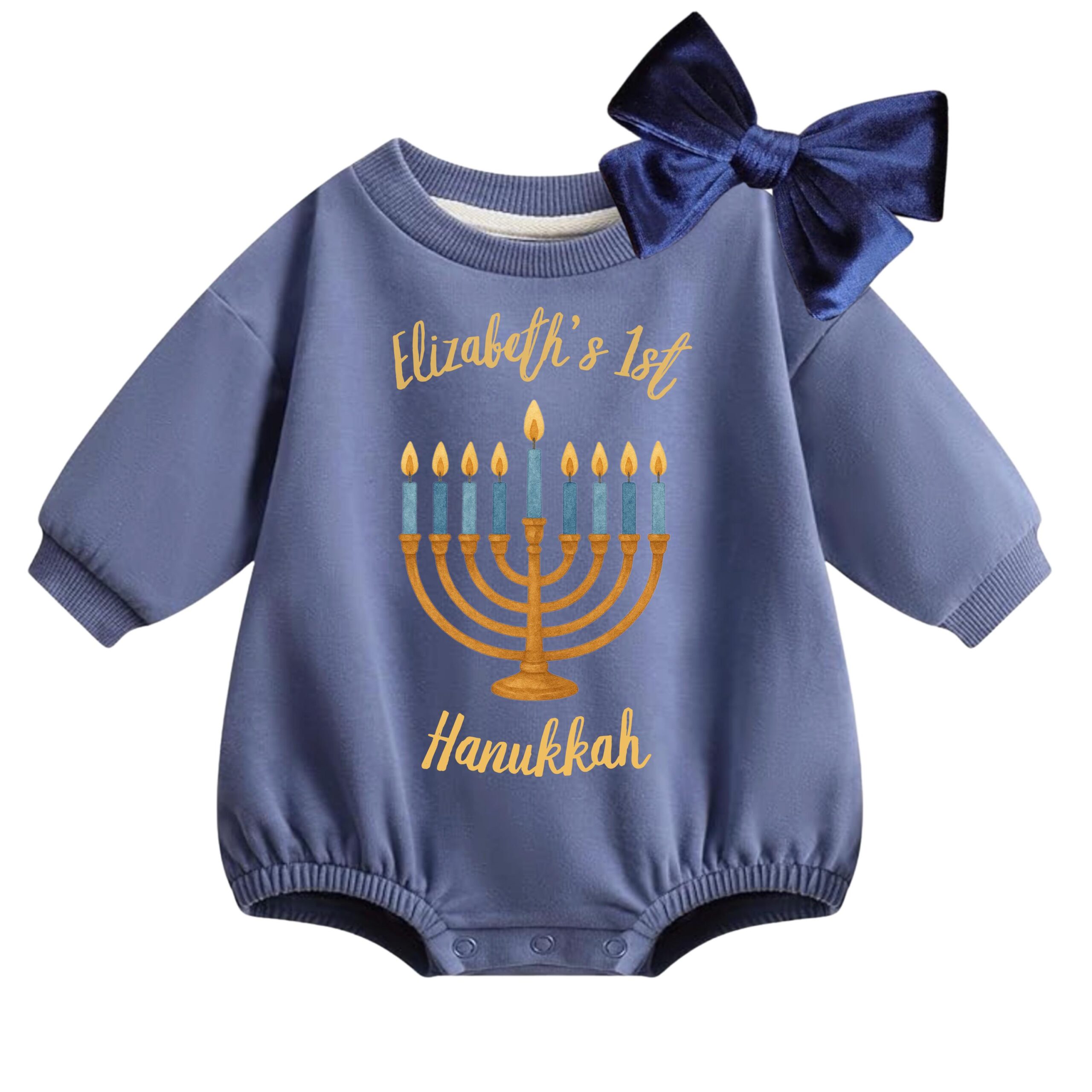 Personalized Baby's 1st Hanukkah Romper with Navy Bow - Image 4