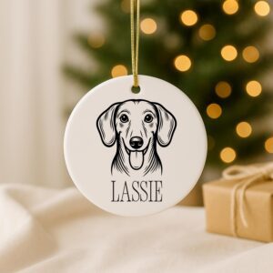 Alternative view of Custom Pet Ceramic Round Ornament – Personalized, First Christmas, or Memorial | Curly-Coated Retriever  , Dachshund & Dalmatian