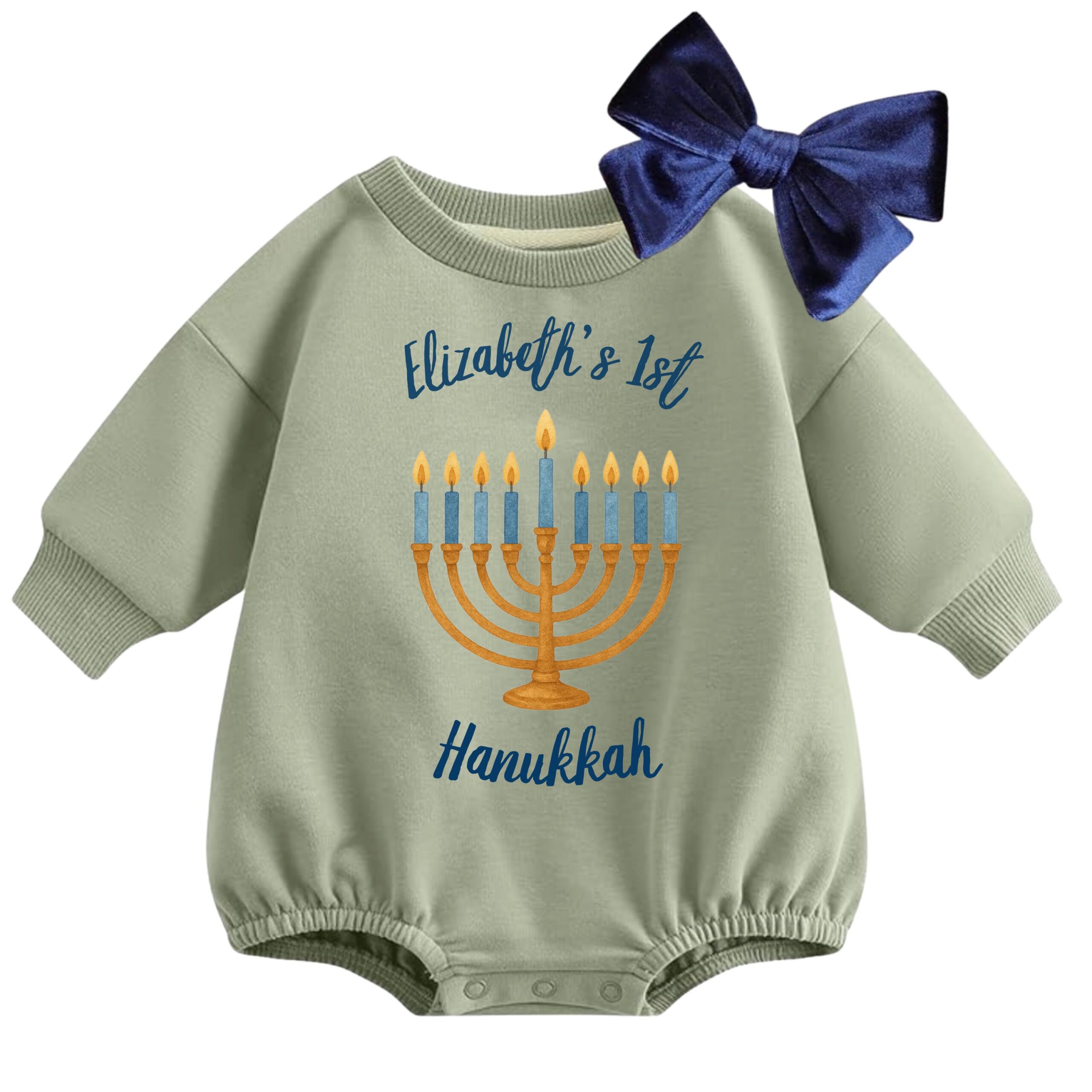 Personalized Baby's 1st Hanukkah Romper with Navy Bow - Image 2