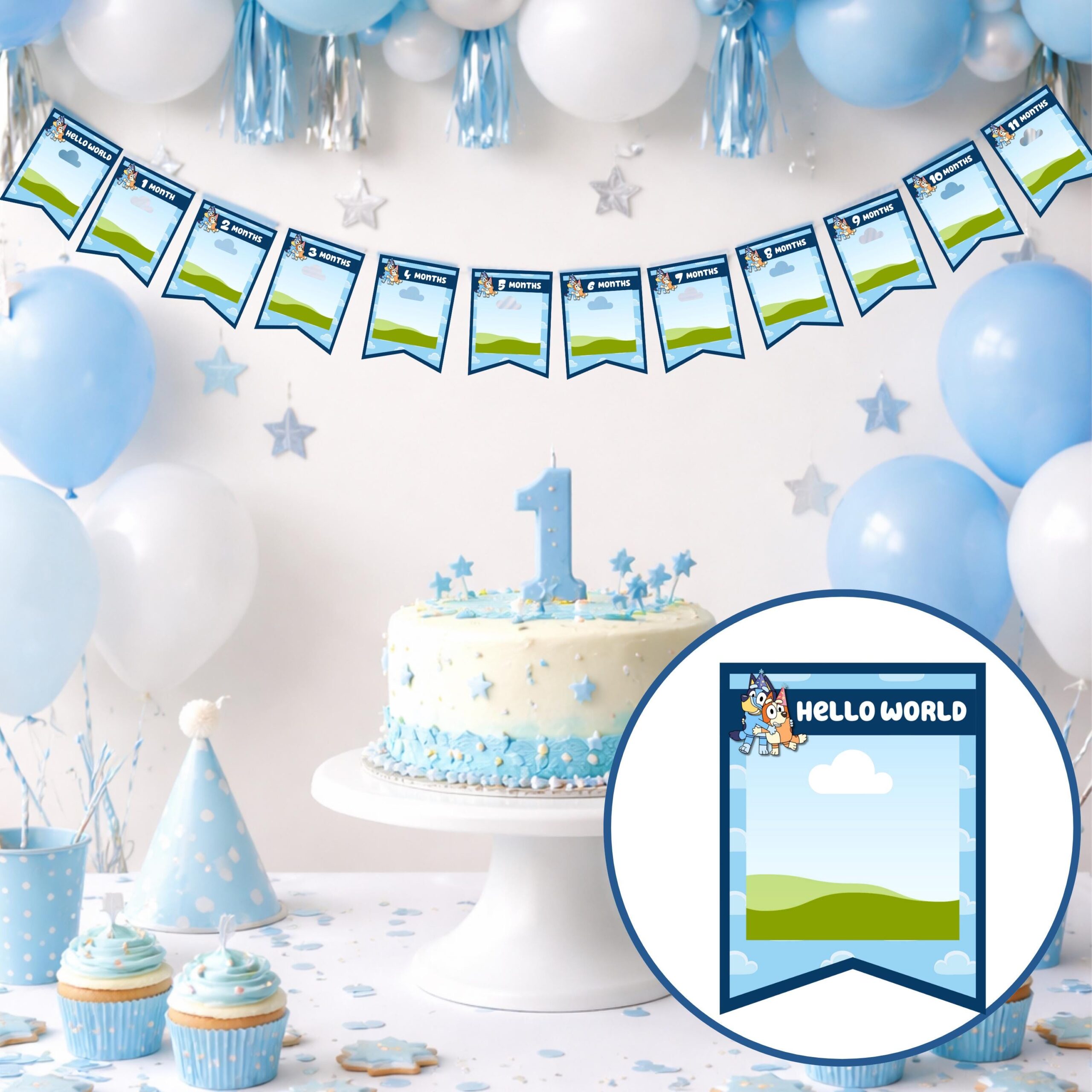 Blue Dog First Birthday Milestone Banner β Editable Photo Template (Digital Download)
