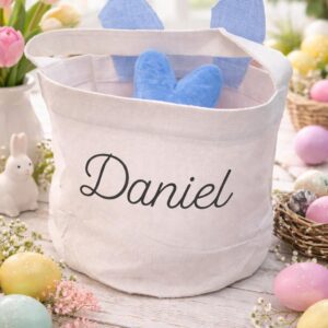 Alternative view of Personalized Easter Bunny Basket with Name – Blue or Pink Ears – Reusable Canvas Keepsake