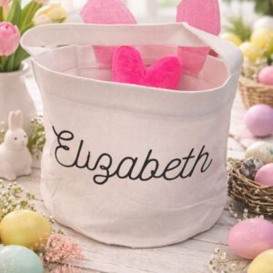 Personalized Easter Bunny Basket with Name – Blue or Pink Ears – Reusable Canvas Keepsake