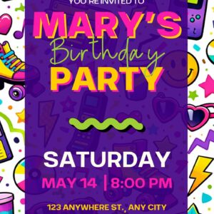 Alternative view of Retro Birthday Invitation, 80s 90s Neon Party Invite (Digital Download)
