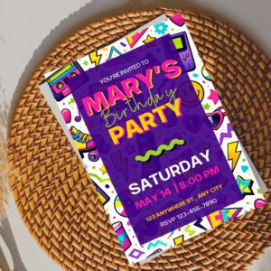 Retro Birthday Invitation, 80s 90s Neon Party Invite (Digital Download)
