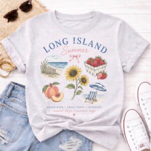 Alternative view of Long Island Summer T-Shirt, Coastal Beach Graphic Tee, Long Island New York Shirt, Strawberry Peach Sunflower Tee, Summer Vacation Shirt