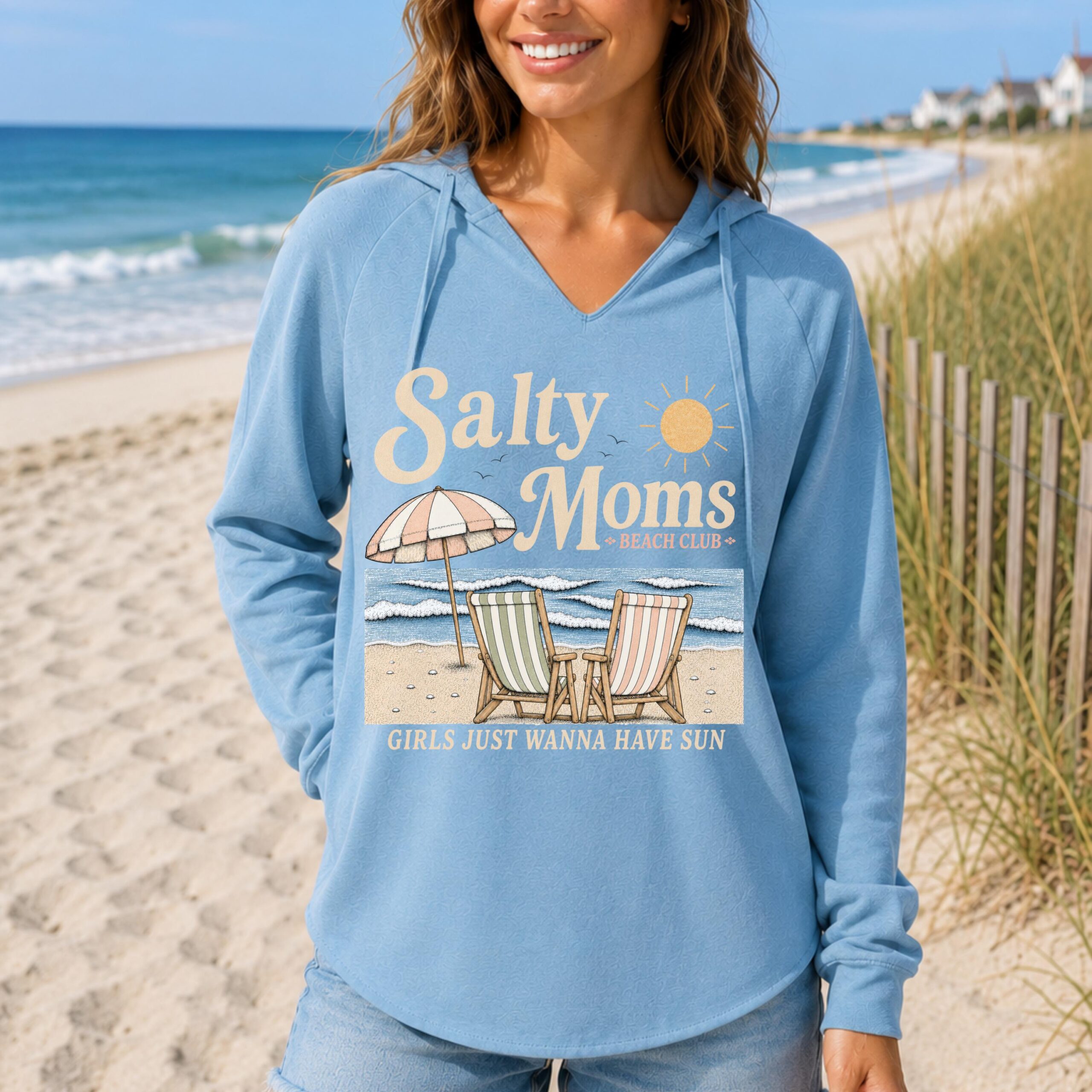 Salty Moms Beach Club Lightweight Sweatshirt | Relaxed Neck Beach Pullover | Coastal Mom Hoodie