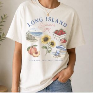 Long Island Summer T-Shirt, Coastal Beach Graphic Tee, Long Island New York Shirt, Strawberry Peach Sunflower Tee, Summer Vacation Shirt