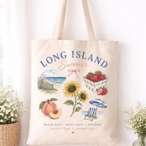 Long Island Summer Tote Bag | Beach Tote | Coastal Long Island Bag | Sunflower Strawberry Peach Market Tote | Long Island Gift