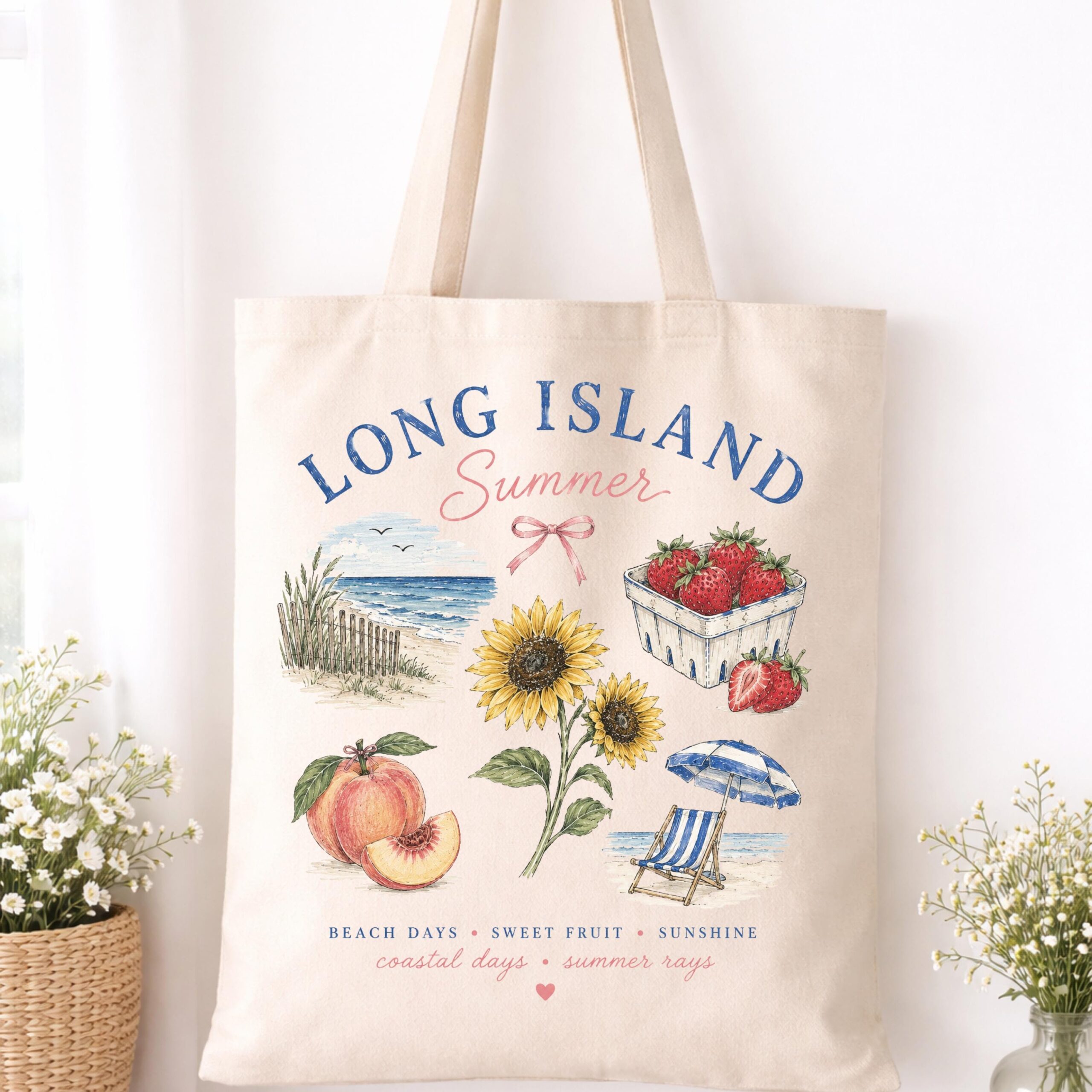 Long Island Summer Tote Bag | Beach Tote | Coastal Long Island Bag | Sunflower Strawberry Peach Market Tote | Long Island Gift