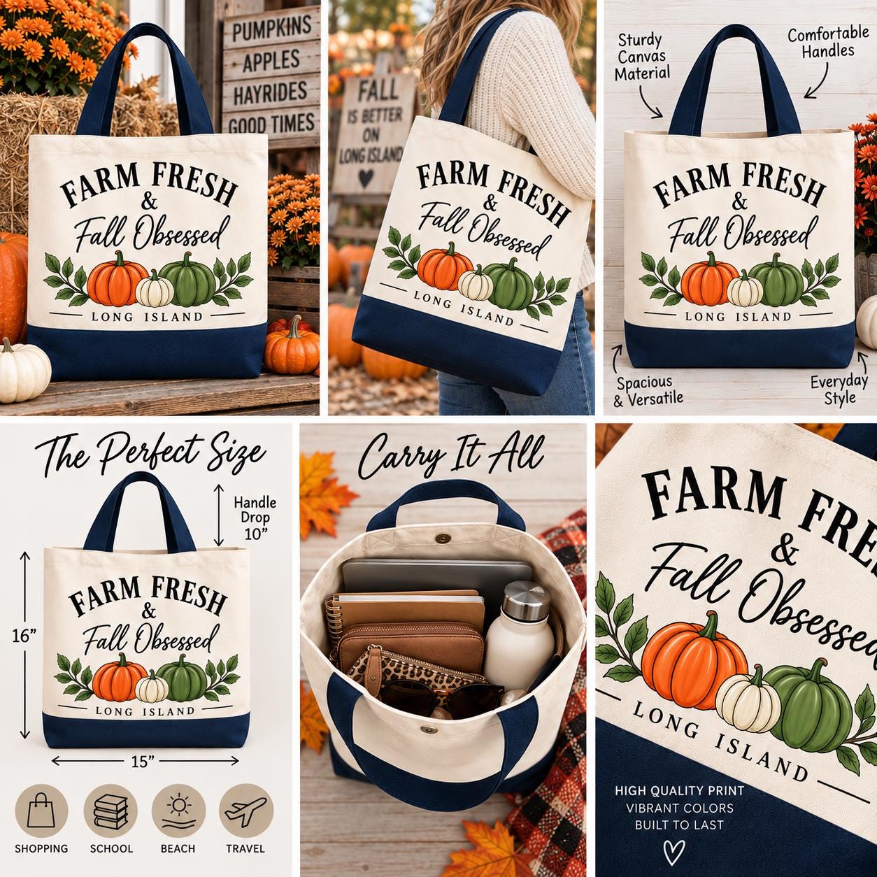 Farm Fresh Fall Obsessed Tote | Long Island Pumpkin Patch Bag (14.96" x 18.5") - Image 2
