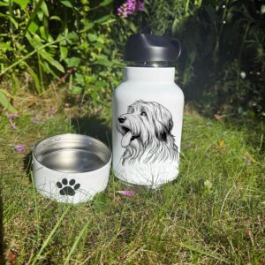 Bearded Collie, Bedlington Terrier, Belgian Malinois Custom Pet Portrait Dog Water Bottle with Bowl
