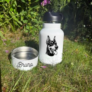 Alternative view of Dandie Dinmont Terrier, Doberman Pinscher, Dogo Argentino  Custom Pet Portrait Bottle and bowl