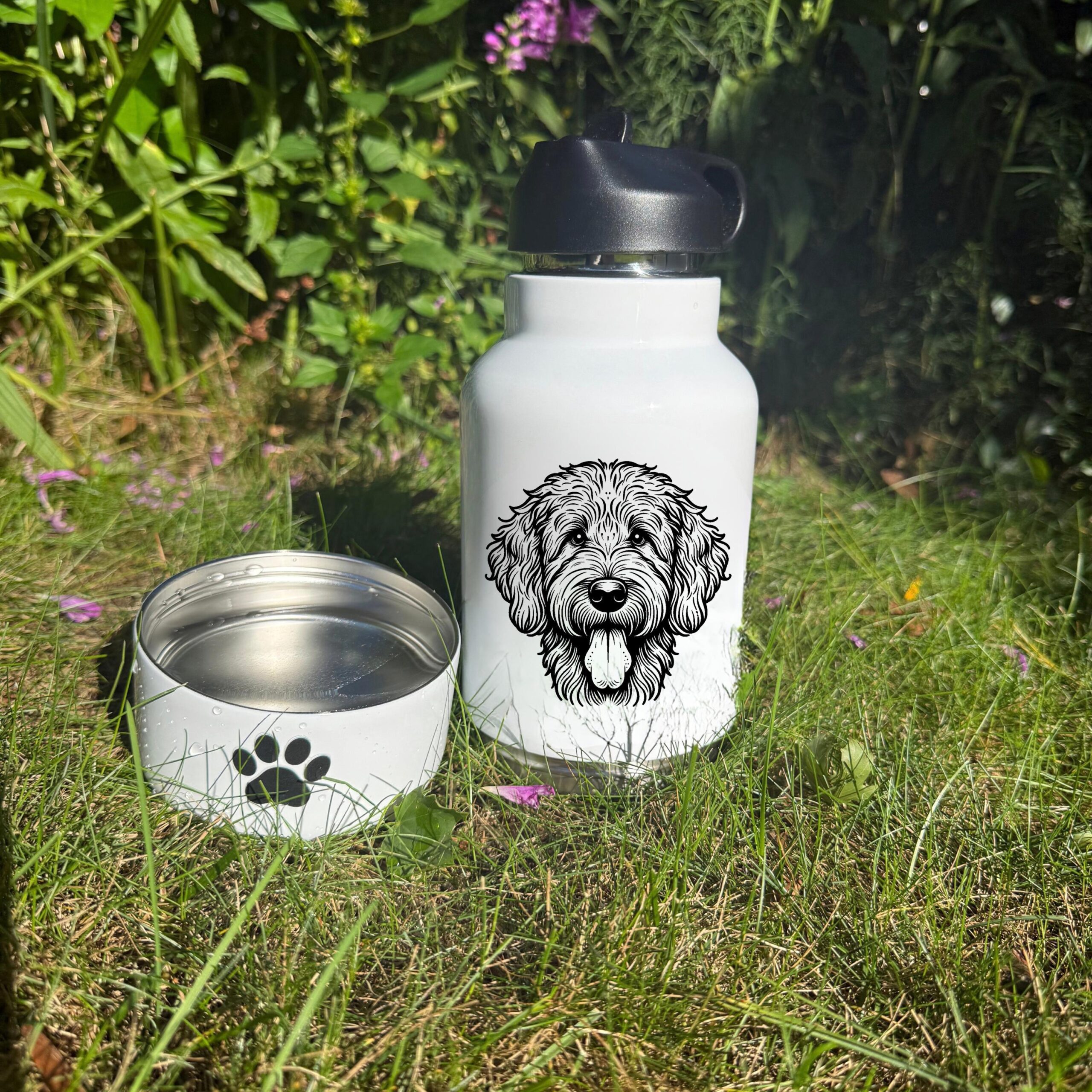 Goldendoodle, Gordon Setter & Great Dane Custom Pet Portrait Bottle and bowl