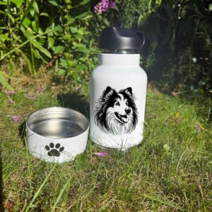 Icelandic Sheepdog, Irish Red and White Setter or Irish Setter Custom Pet Portrait Bottle and bowl