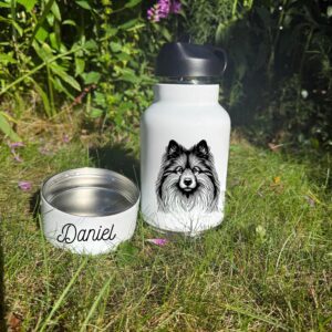 Alternative view of Japanese Spitz, Keeshond, Kerry Blue Terrier Custom Pet Portrait Bottle and bowl
