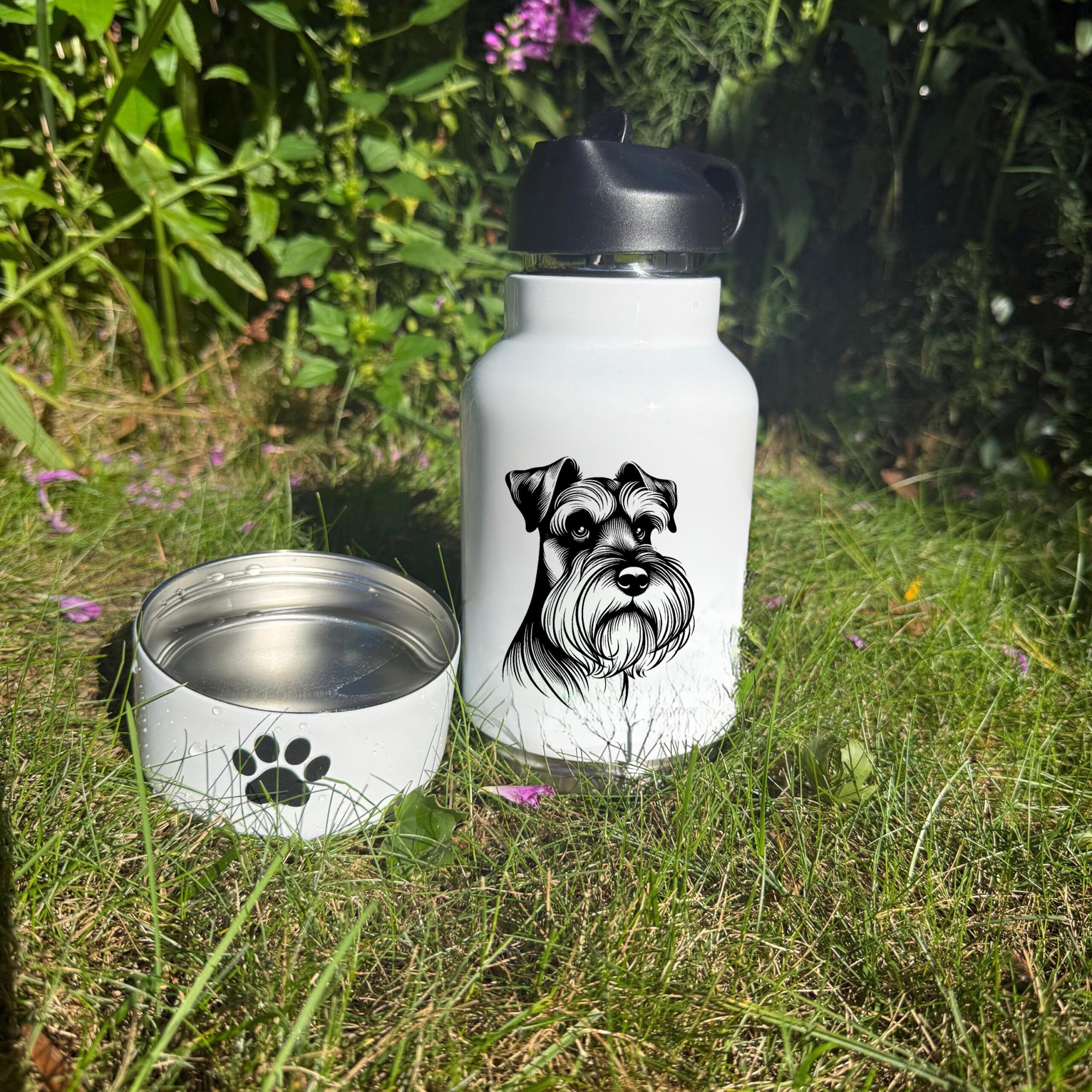 Miniature Schnauzer, Mudi & Neapolitan Mastiff Custom Pet Portrait Bottle and bowl