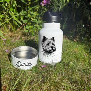 Alternative view of Newfoundland, Norfolk Terrier & Norwegian Buhund Custom Pet Portrait Bottle and bowl