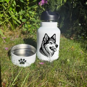 Norwegian Elkhound, Norwegian Lundehund  or Norwich TerrierCustom Pet Portrait Bottle and bowl