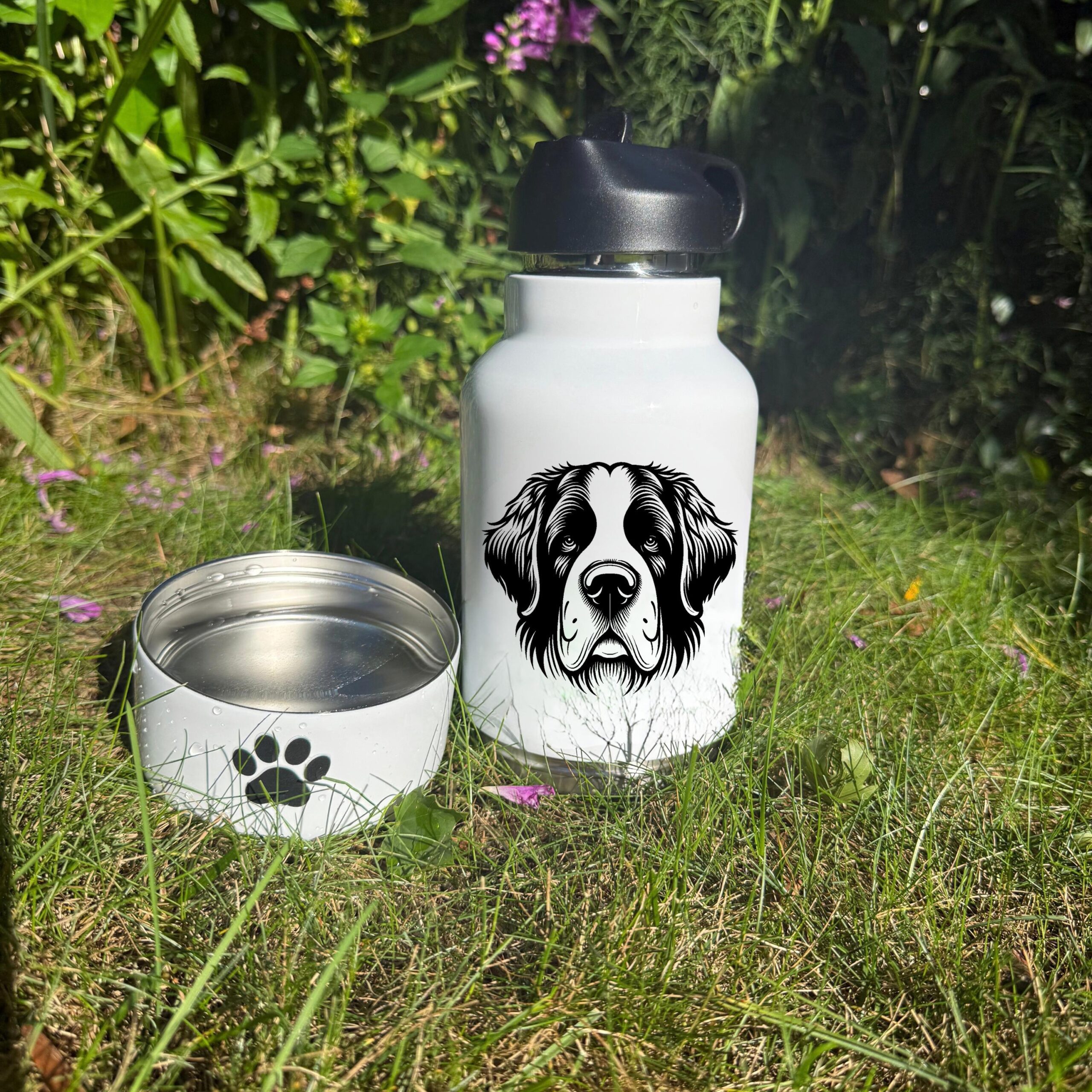 Saint Bernard, Saluki or Samoyed Custom Pet Portrait Bottle and bowl