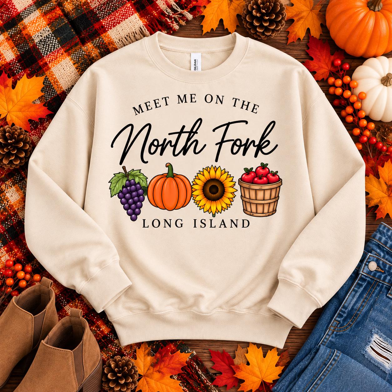 North Fork Long Island Fall Sweatshirt | Grapes, Pumpkins, Sunflowers, Apples (Crewneck) - Image 2