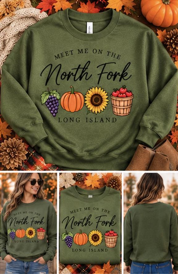 North Fork Long Island Fall Sweatshirt | Grapes, Pumpkins, Sunflowers, Apples (Crewneck) - Image 3