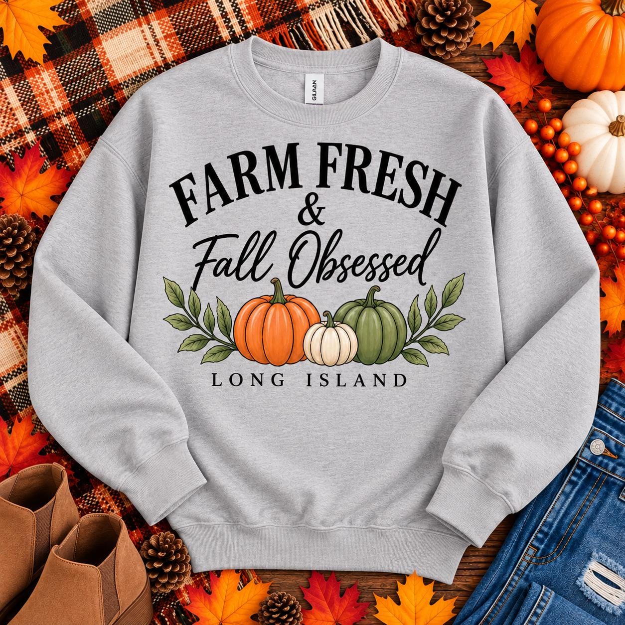 Long Island Fall Sweatshirt | Farm Fresh Pumpkin Crewneck (Unisex)