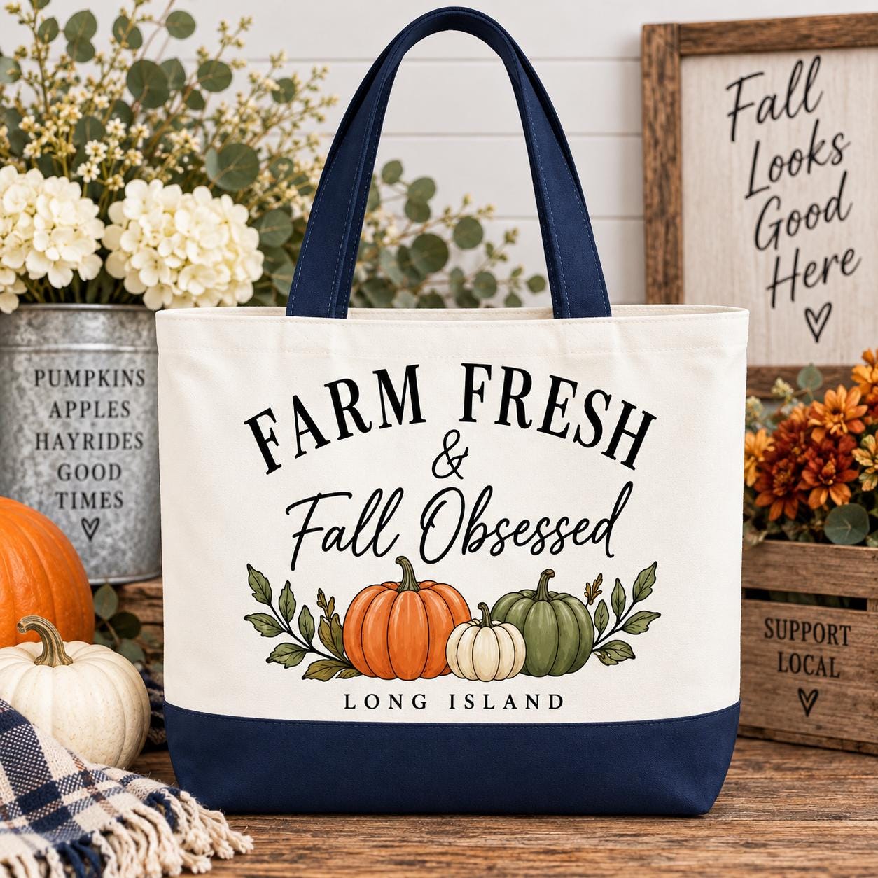 Farm Fresh Fall Obsessed Tote | Long Island Pumpkin Patch Bag (14.96" x 18.5")