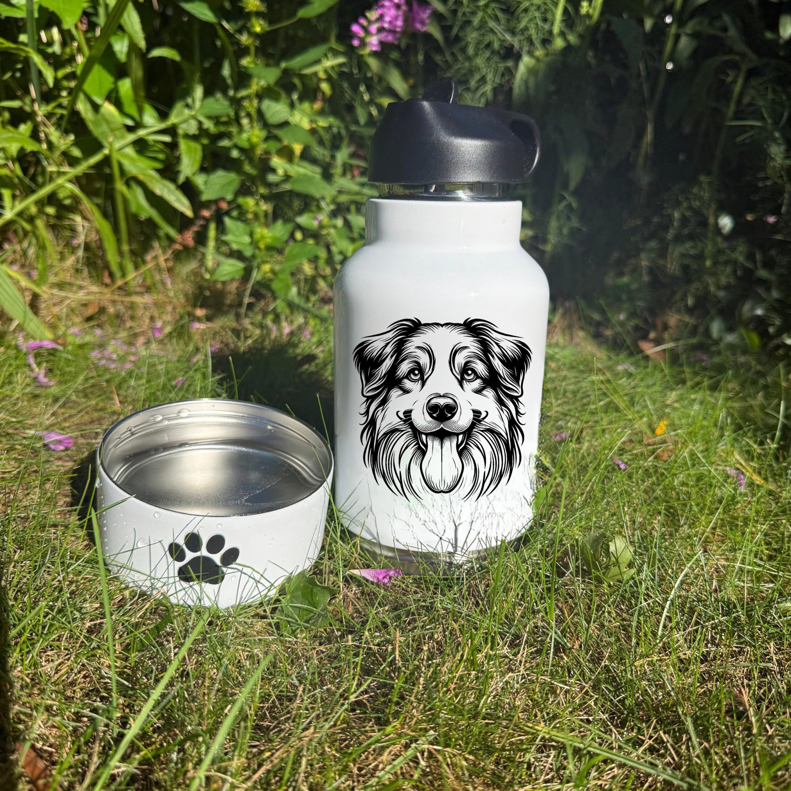 Australian Shepherd, Australian Terrier, Barbet Custom Dog Water Bottle with Bowl