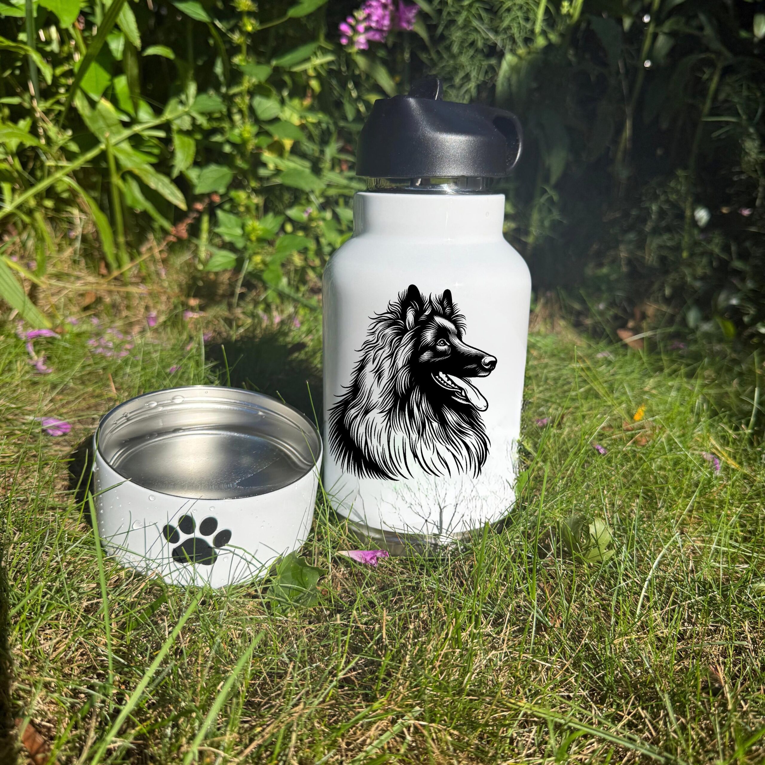 Belgian Tervuren, Bergamasco, Berger Picard Custom Pet Water Bottle with Bowl