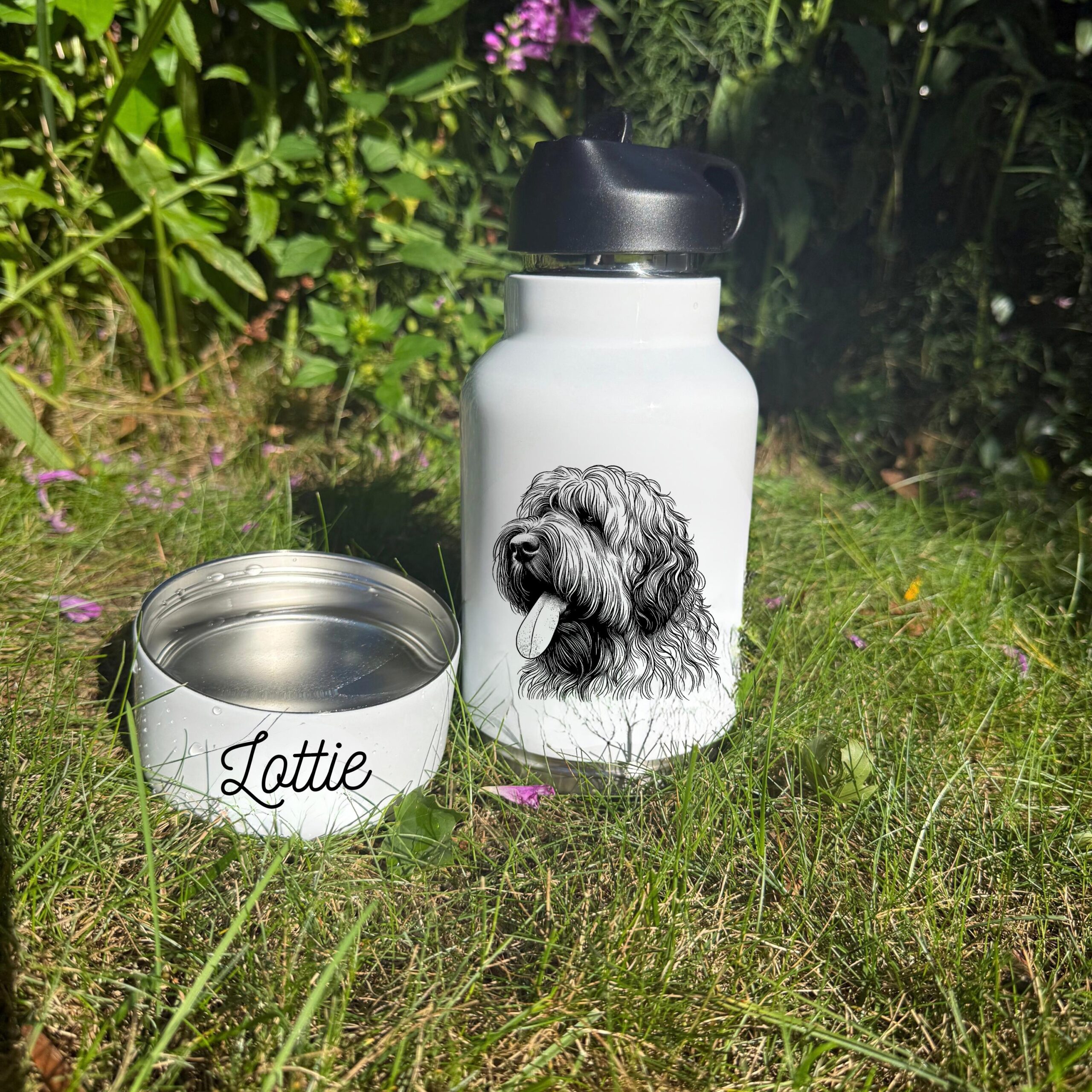 Belgian Tervuren, Bergamasco, Berger Picard Custom Pet Water Bottle with Bowl - Image 3