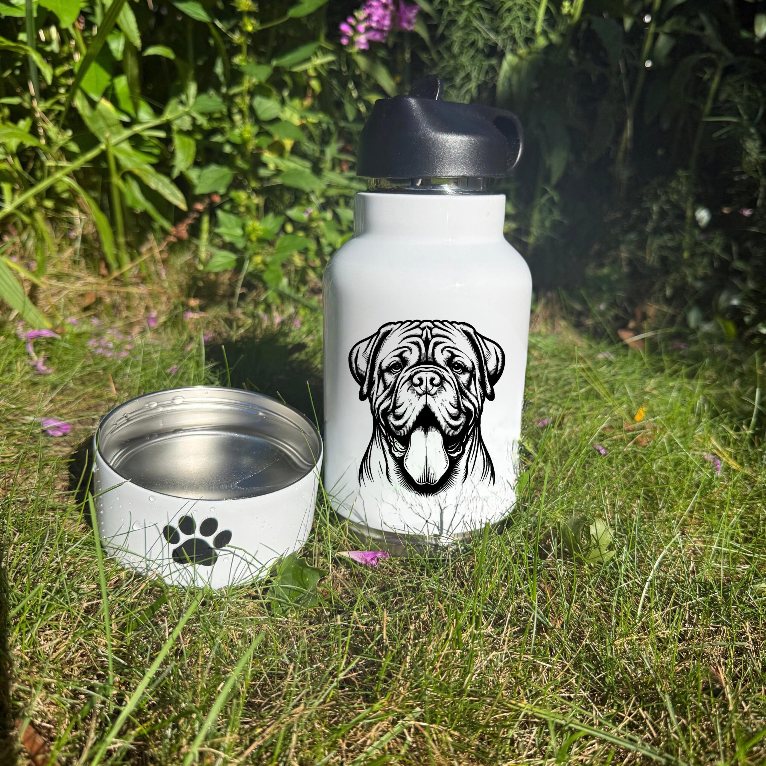 Dogue de Bordeaux, Dutch Shepherd or English Cocker Spaniel Custom Pet Portrait Bottle and bowl