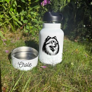 Alternative view of Finnish Lapphund, Finnish Spitz,  Flat-Coated Retriever Custom Pet Portrait Bottle and bowl