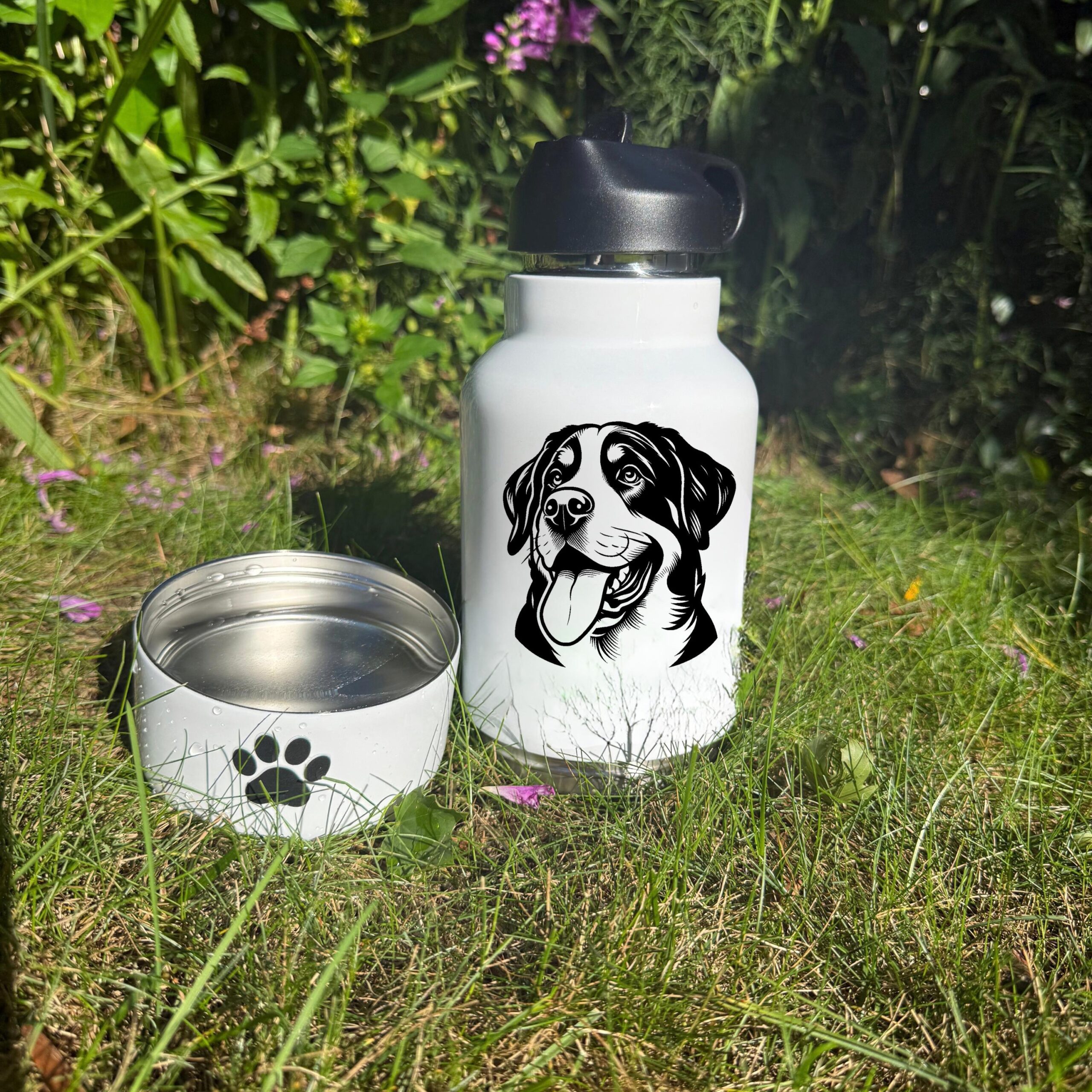Great Pyrenees, Greater Swiss Mountain or Greyhound Custom Pet Portrait Bottle and bowl