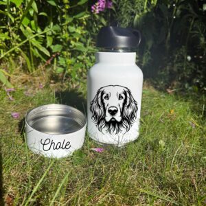 Alternative view of Icelandic Sheepdog, Irish Red and White Setter or Irish Setter Custom Pet Portrait Bottle and bowl