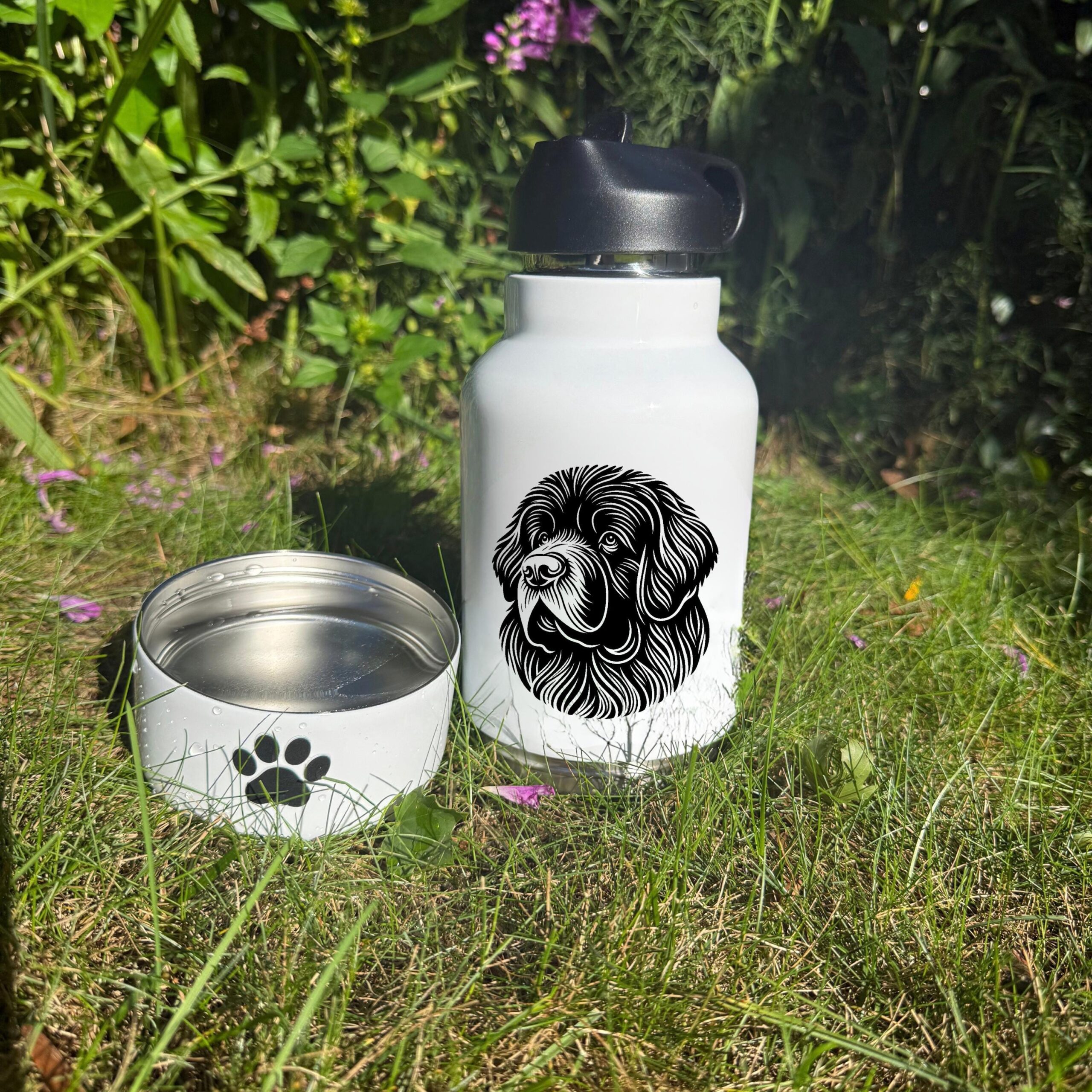 Newfoundland, Norfolk Terrier & Norwegian Buhund Custom Pet Portrait Bottle and bowl