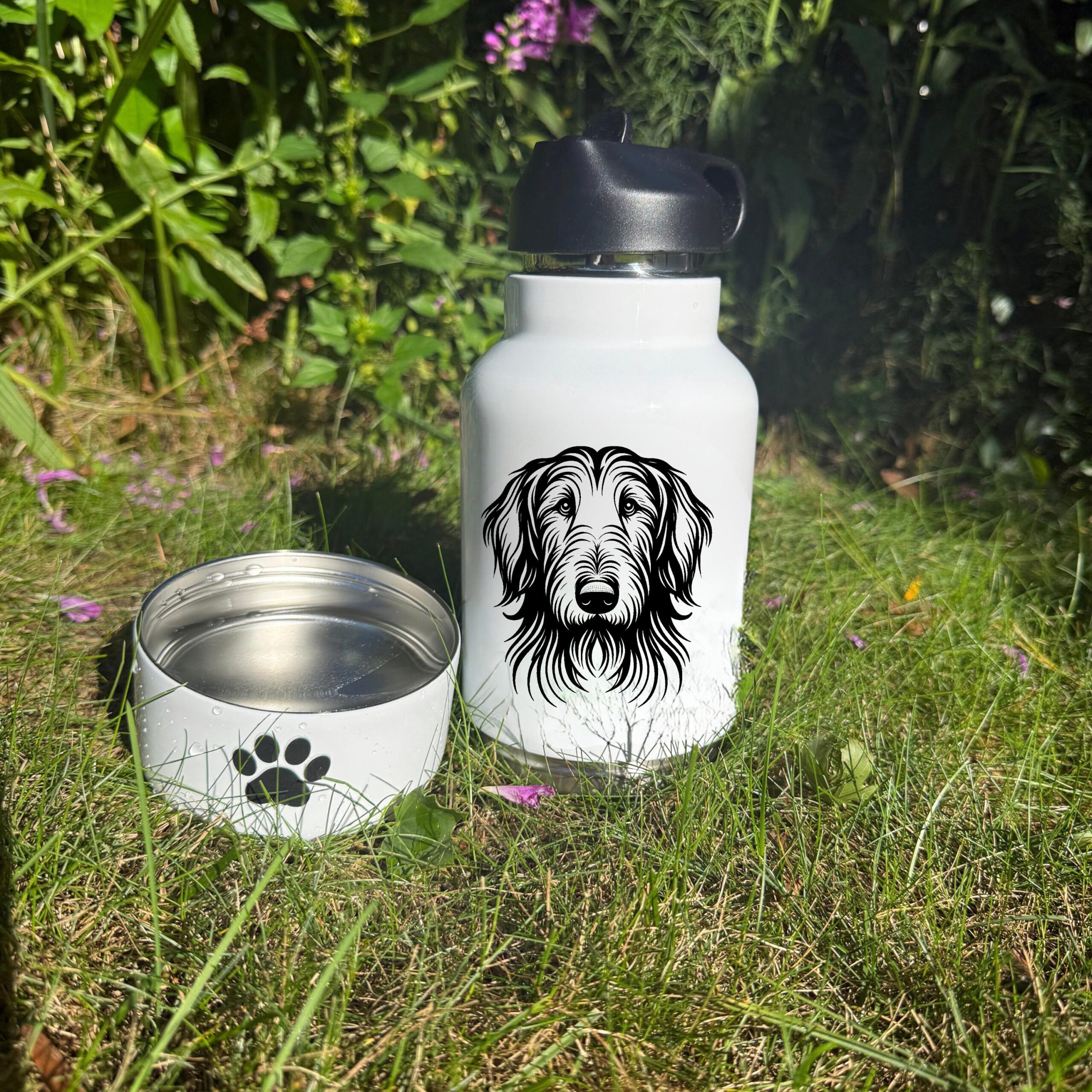 Schipperke, Scottish Deerhound or Scottish Terrier Custom Pet Portrait Bottle and bowl
